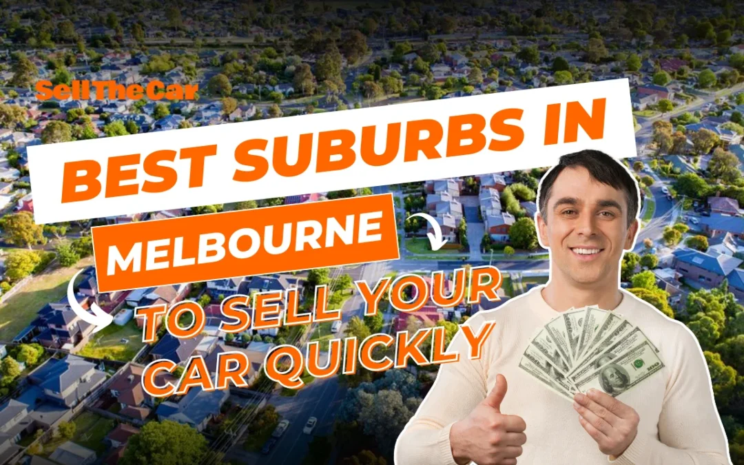 Aerial view of Melbourne suburbs with a smiling man holding cash, highlighting the best suburbs in Melbourne to sell your car quickly.