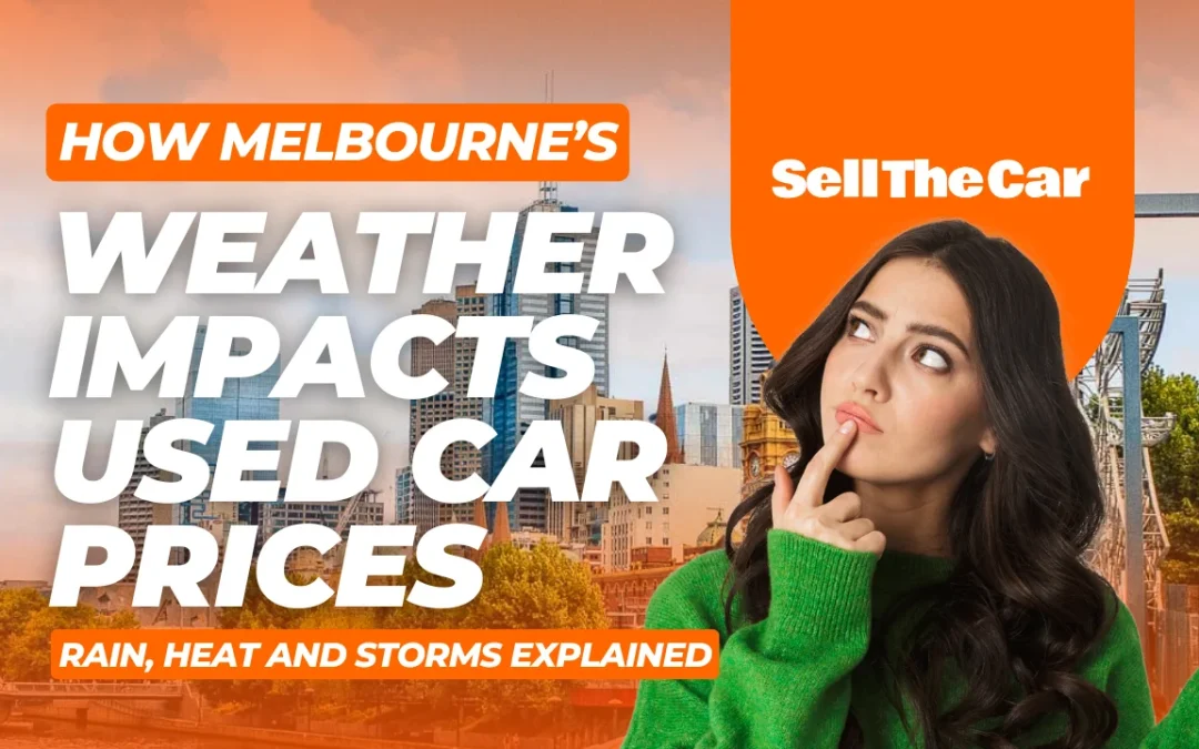 Melbourne city skyline with a thoughtful woman in the foreground, illustrating how Melbourne’s weather impacts used car prices with rain, heat and storms explained by SellTheCar Australia.